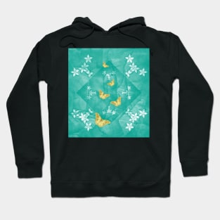 Gold butterflies and silver flowers on a textured teal mandala Hoodie
